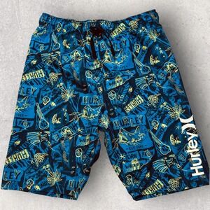 Hurley Board Shorts Men's Small 9" Blue Shark Surf Graphic 28-30 Waist Swim